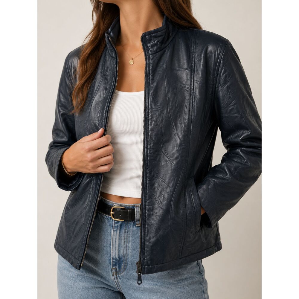 Vintage Tudor Court Blue Patchwork Leather Jacket Womens Small Y2K Moto Coat